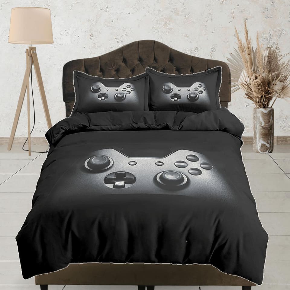 Minimalist gamer bedding black duvet cover, video gamer boyfriend gift bedding set full king queen twin, boys bedroom, col…