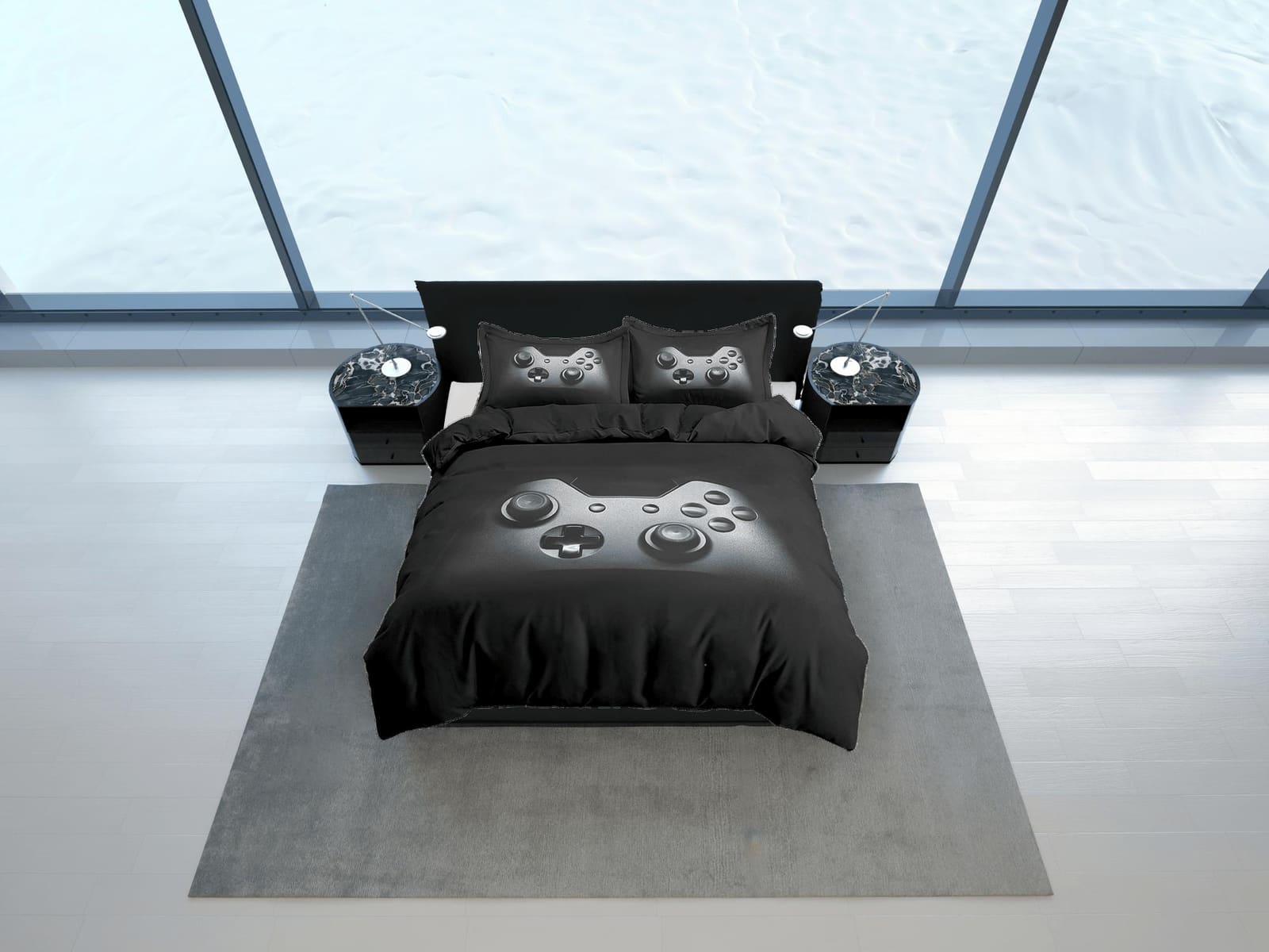Minimalist gamer bedding black duvet cover, video gamer boyfriend gift bedding set full king queen twin, boys bedroom, col…