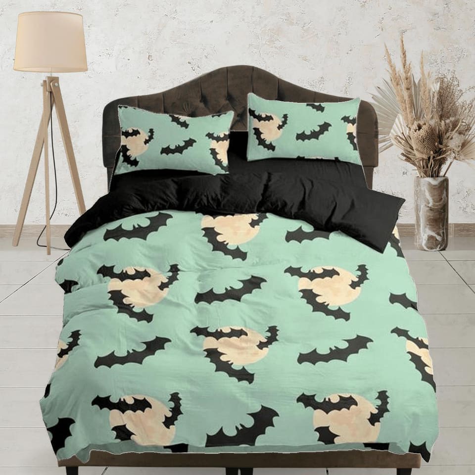 Mint green bats halloween full bedding & pillowcase, duvet cover set dorm bedding, halloween gift, nursery toddler bedding…