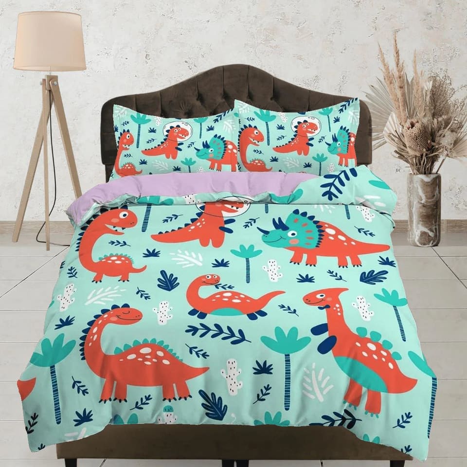 Mint green dinosaur bedding, kids bedding full, cute duvet cover set, dinosaur nursery bed decor, colorful bedding, baby d…