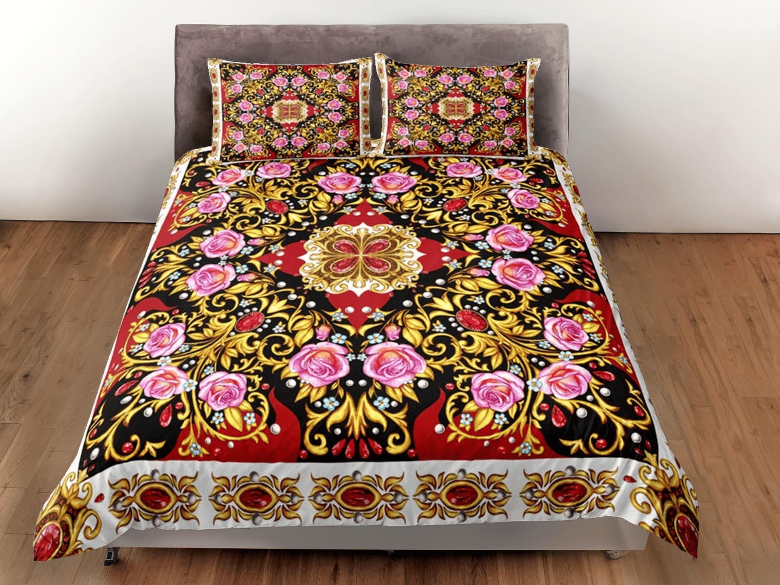 Mixed Baroque Gold Luxury Duvet Cover Set Aesthetic Bedding Set Full Victorian Decor, Colorful Bedspread