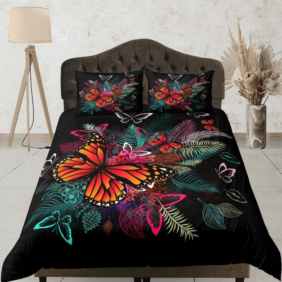 Monarch butterfly bedding tropical black duvet cover colorful dorm bedding, full size adult duvet king queen twin, nursery…