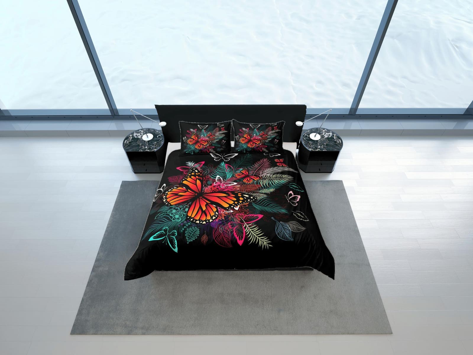 Monarch butterfly bedding tropical black duvet cover colorful dorm bedding, full size adult duvet king queen twin, nursery…