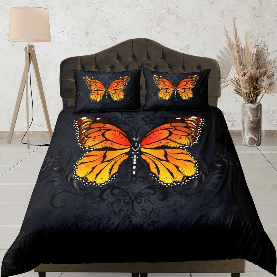Monarch Butterfly Black Duvet Cover Set Unique Bedspread, Dorm Bedding Pillowcase