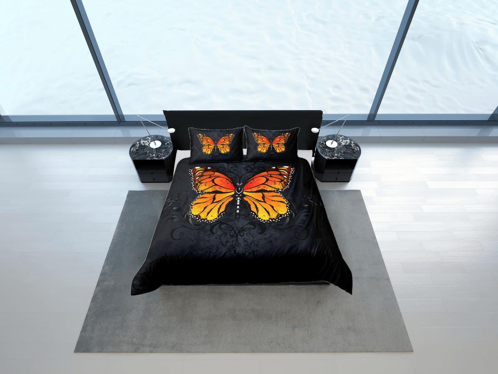 Monarch Butterfly Black Duvet Cover Set Unique Bedspread, Dorm Bedding Pillowcase