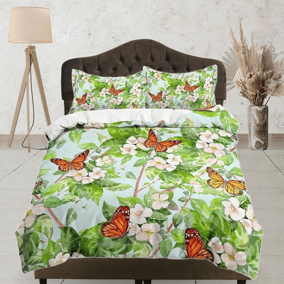 Monarch butterfly botanical bedding duvet cover colorful dorm bedding, full size adult duvet king queen twin, nursery todd…
