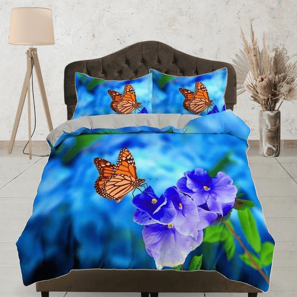 Monarch butterfly lavender flower bedding duvet cover boho chic dorm bedding full size adult duvet king queen twin, nurser…