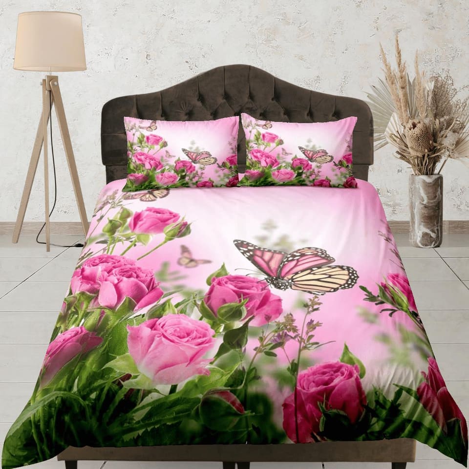 Monarch butterfly roses bedding pink duvet cover boho chic dorm bedding full size adult duvet king queen twin, nursery tod…