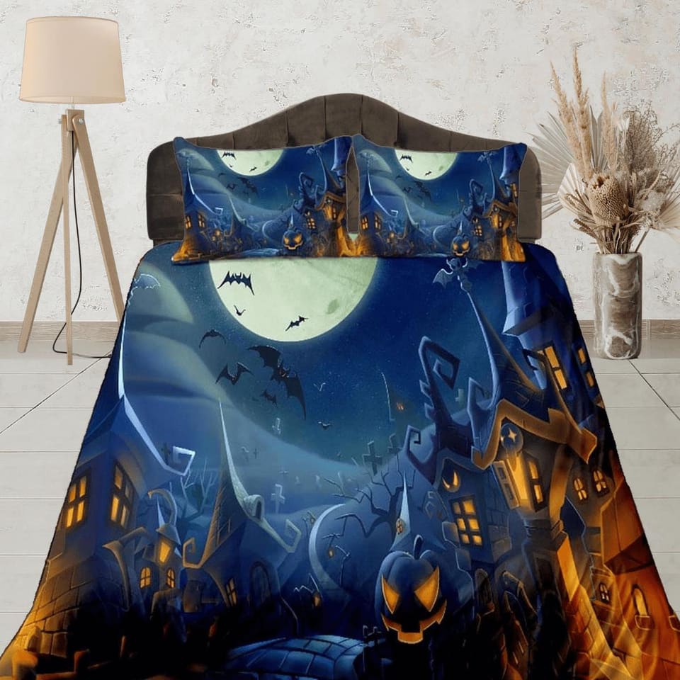 Moon light in a spooky city with pumpkins halloween bedding & pillowcase, gothic duvet cover, dorm bedding, toddler beddin…