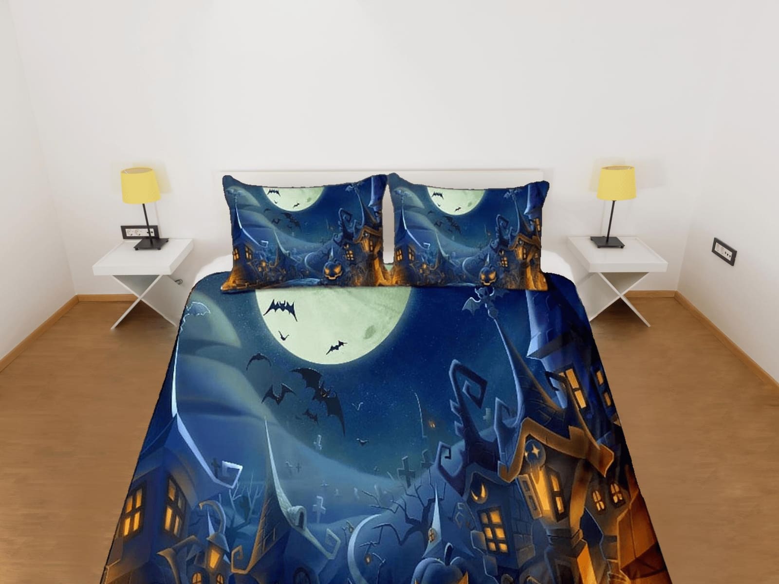 Moon light in a spooky city with pumpkins halloween bedding & pillowcase, gothic duvet cover, dorm bedding, toddler beddin…