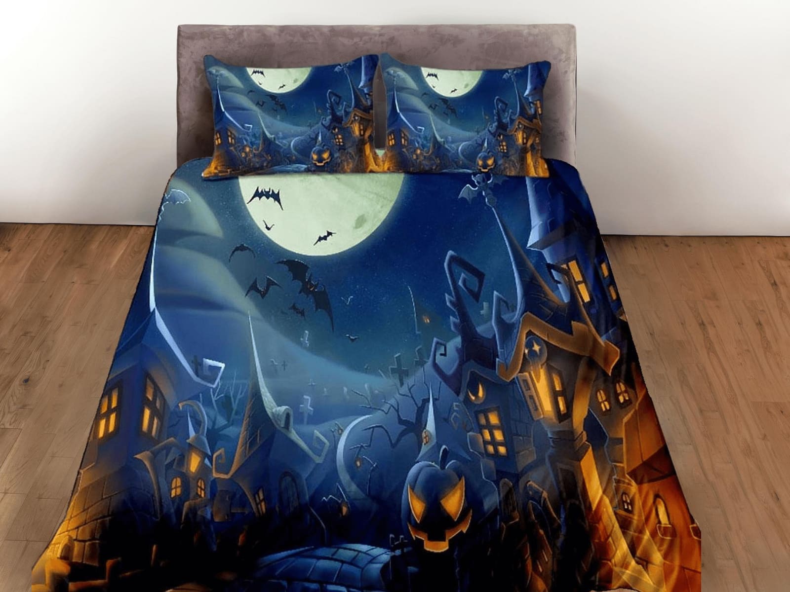 Moon light in a spooky city with pumpkins halloween bedding & pillowcase, gothic duvet cover, dorm bedding, toddler beddin…