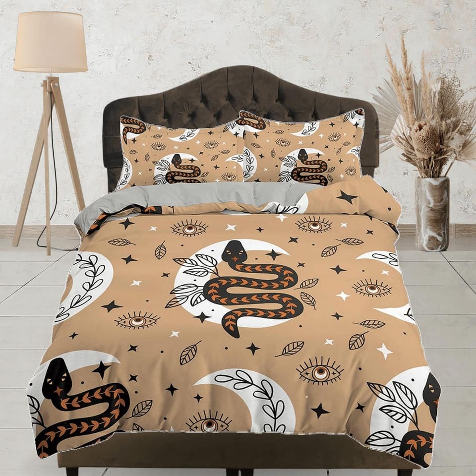 Moon Snake Astrology Boho Bedding, Zodiac Gift Celestial Dorm Bedding, Duvet Cover Set, Aesthetic Duvet Cover King Queen F…