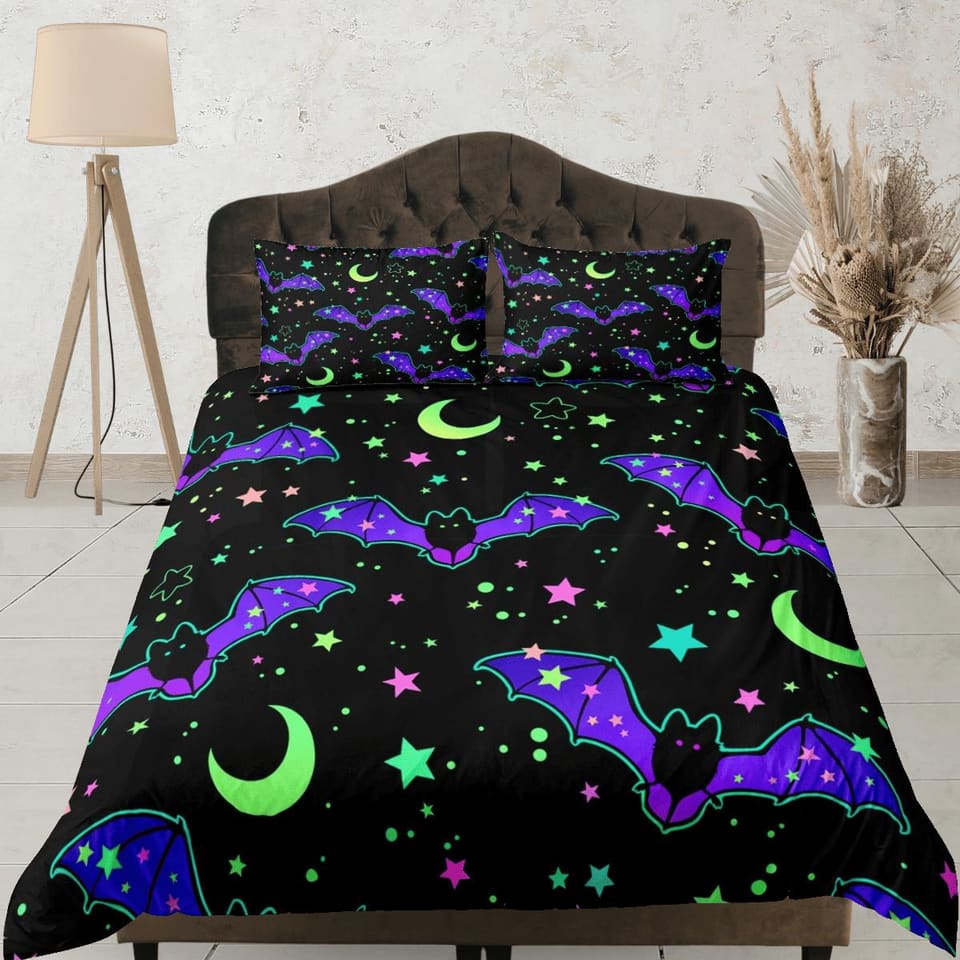 Moon stars and bat 90s neon halloween bedding hippie retro duvet cover, colorful dorm bedding, teens bedroom, adult duvet,…