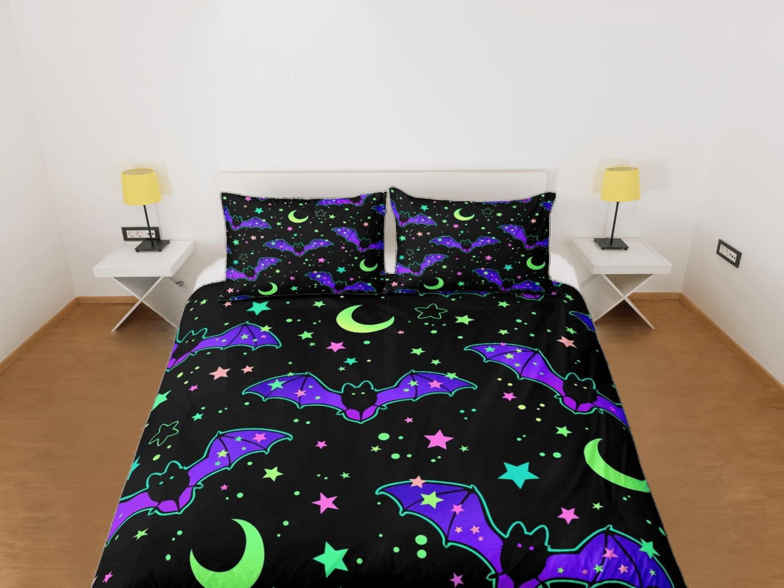 Moon stars and bat 90s neon halloween bedding hippie retro duvet cover, colorful dorm bedding, teens bedroom, adult duvet,…