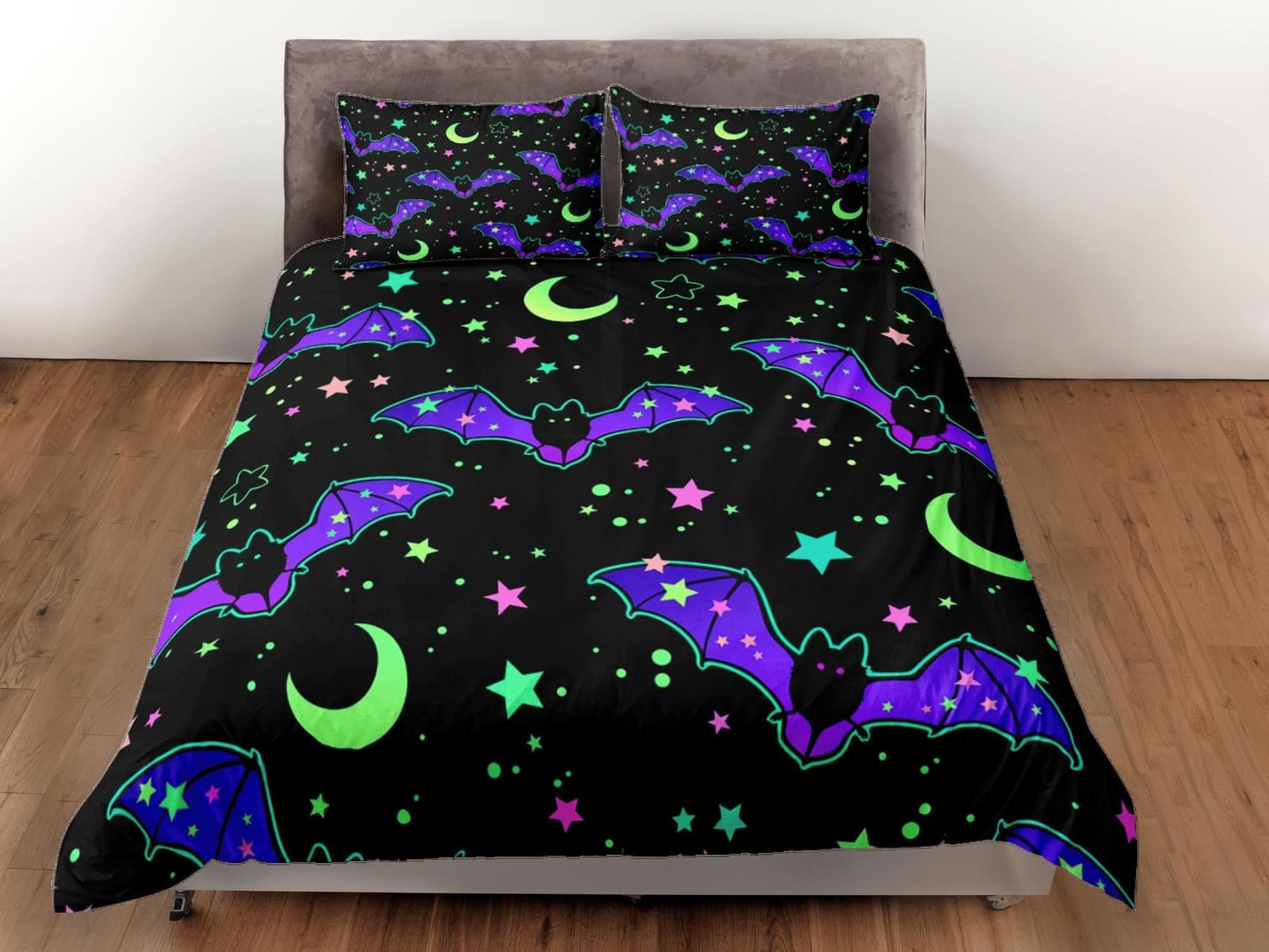 Moon stars and bat 90s neon halloween bedding hippie retro duvet cover, colorful dorm bedding, teens bedroom, adult duvet,…