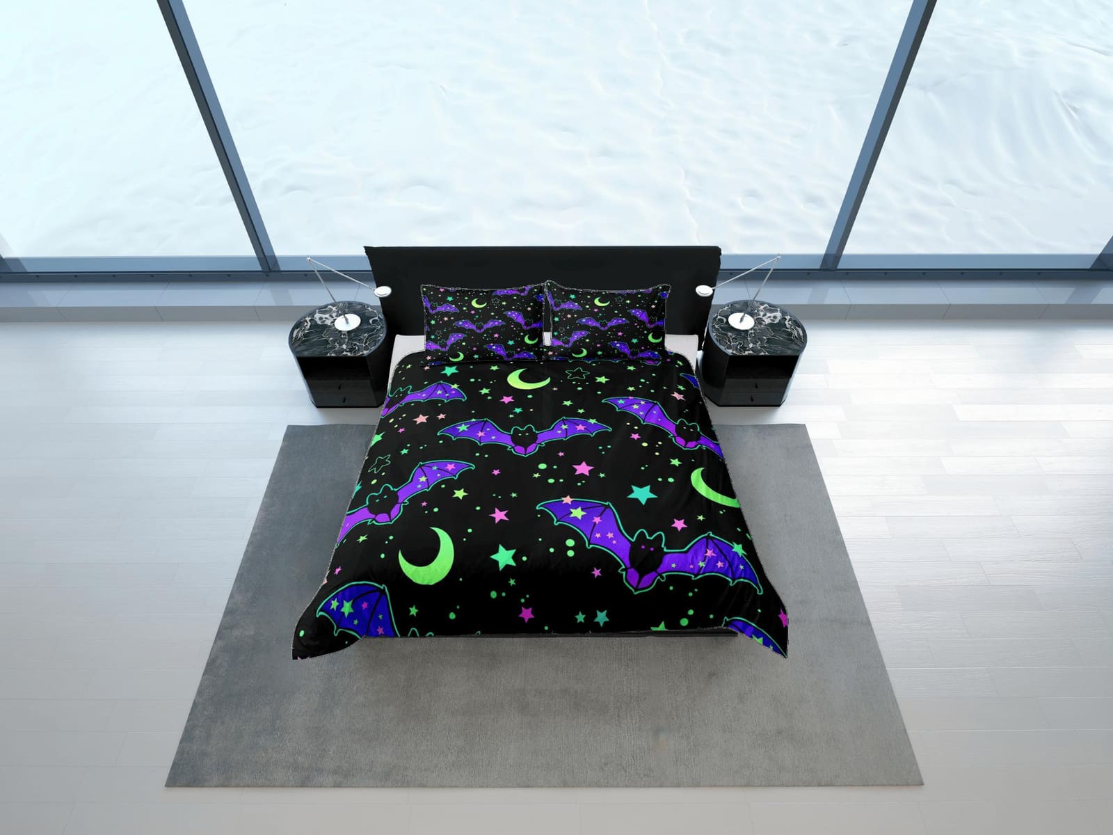 Moon stars and bat 90s neon halloween bedding hippie retro duvet cover, colorful dorm bedding, teens bedroom, adult duvet,…