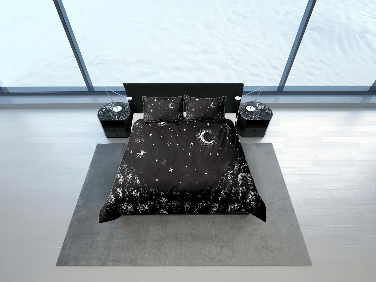 Moon Stars Galaxy Black Duvet Cover Set Bedspread, Dorm Bedding with Pillowcase