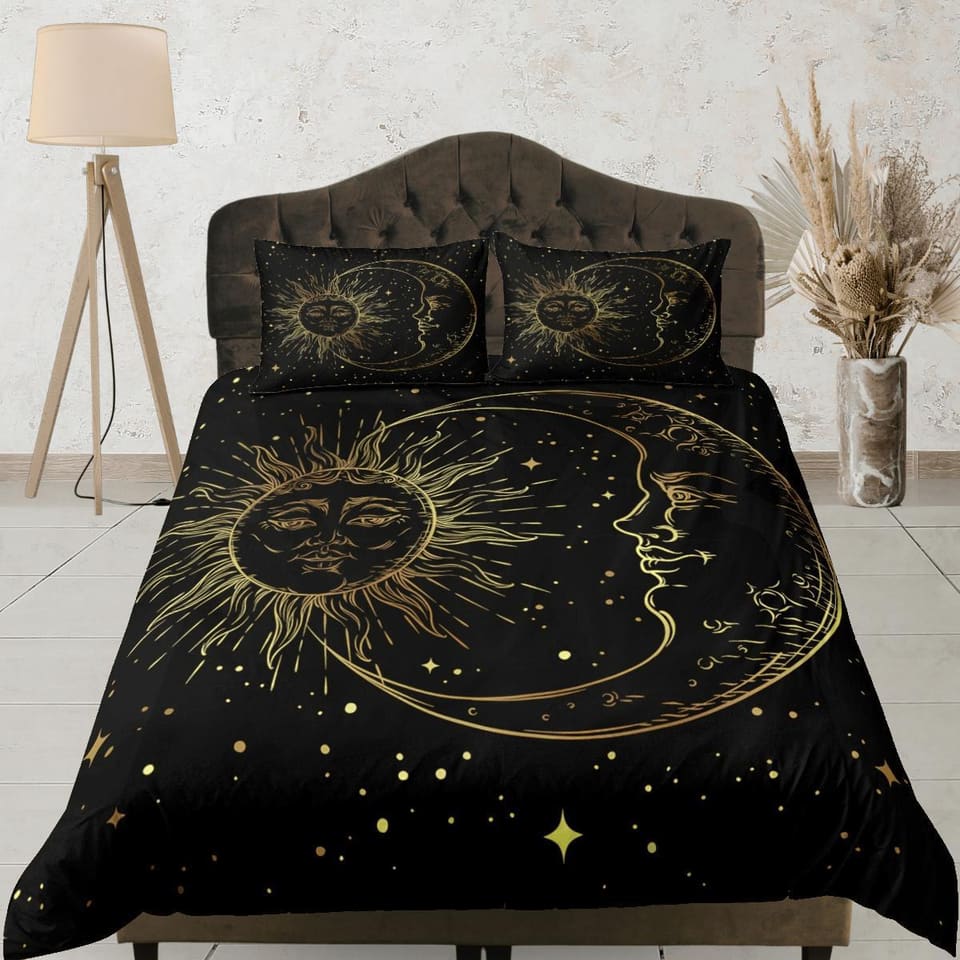 Moon Tarot Black Duvet Cover Colorful Dorm Bedding Set Full, Wiccan Sun and Moon Gothic