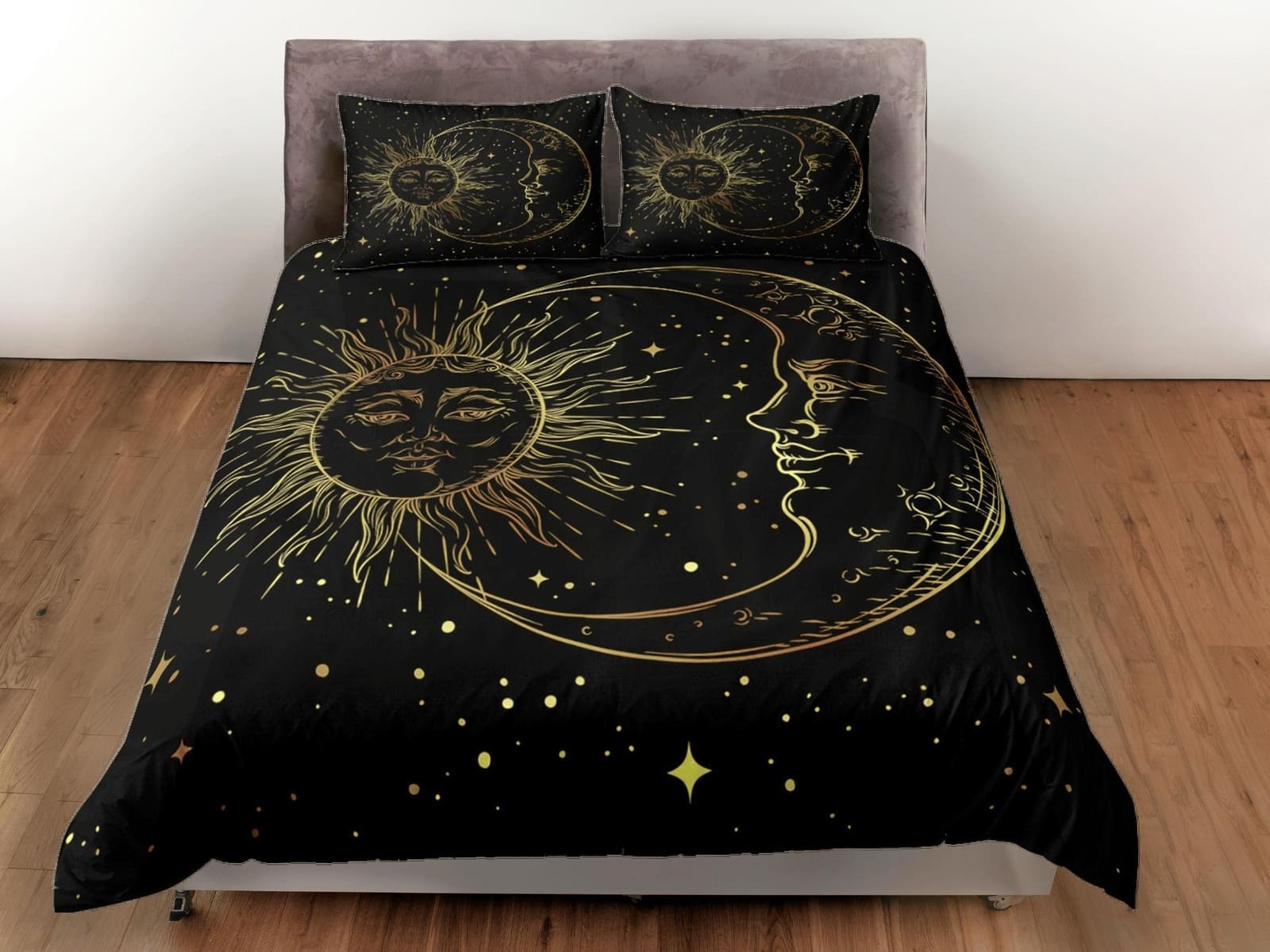 Moon Tarot Black Duvet Cover Colorful Dorm Bedding Set Full, Wiccan Sun and Moon Gothic