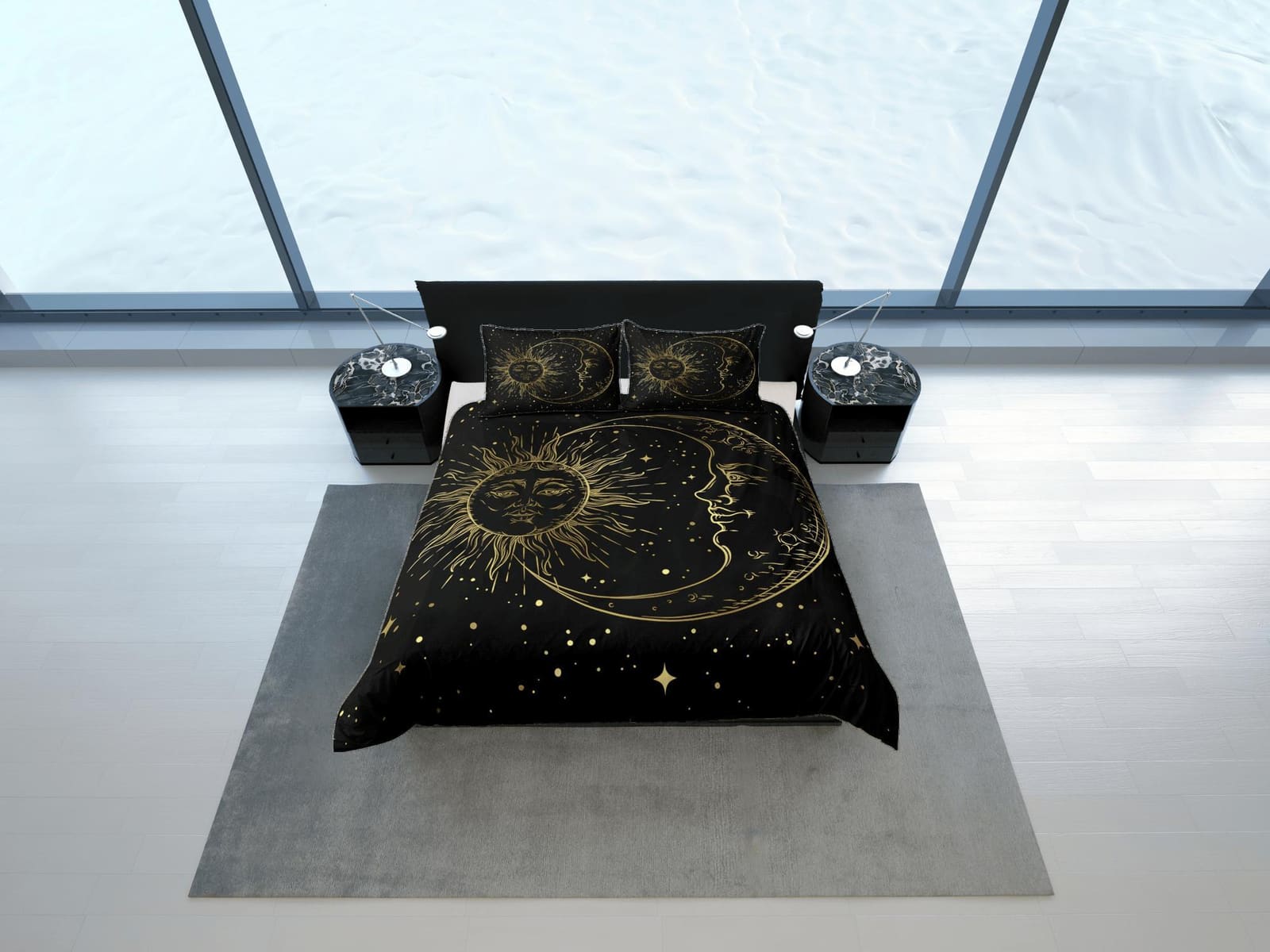 Moon Tarot Black Duvet Cover Colorful Dorm Bedding Set Full, Wiccan Sun and Moon Gothic