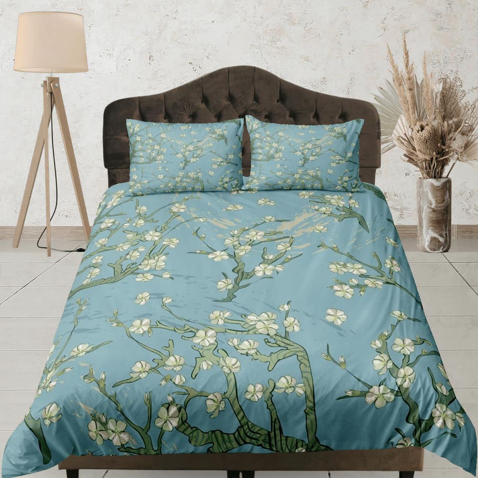 Moss green bedding cherry blossom printed duvet cover queen, king, boho bedding designer bedspread maximalist full size be…