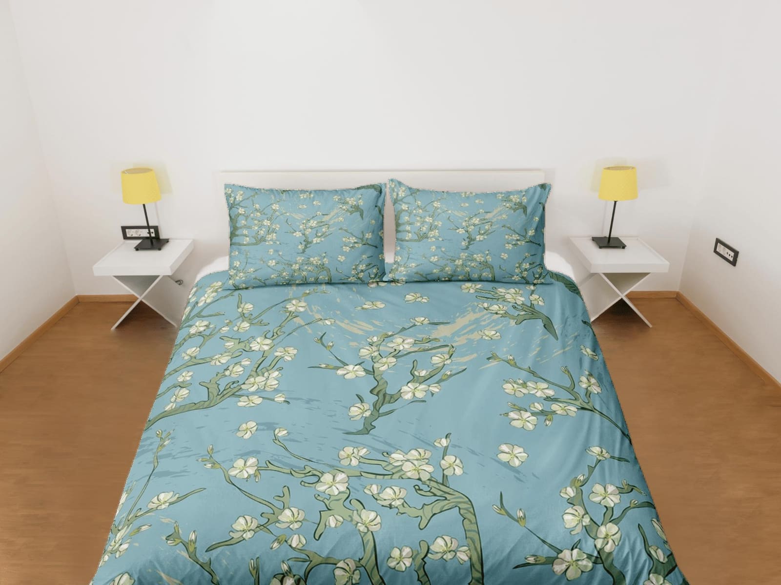 Moss green bedding cherry blossom printed duvet cover queen, king, boho bedding designer bedspread maximalist full size be…