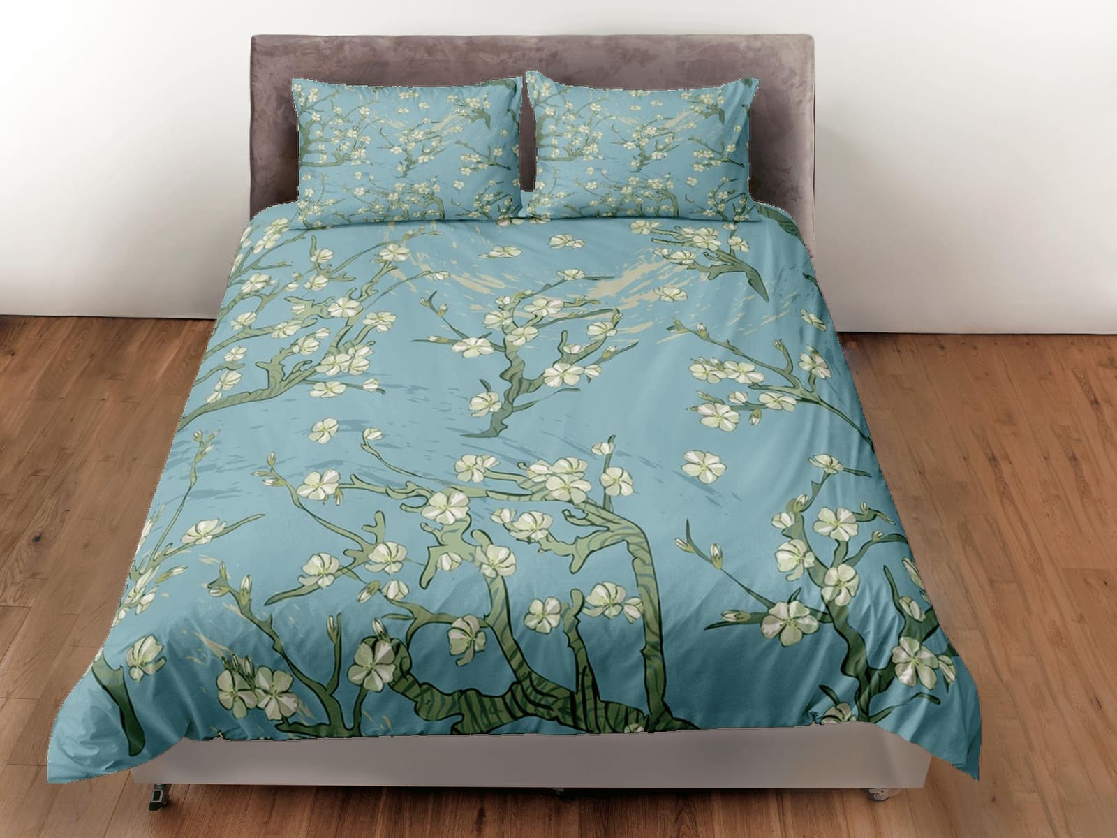 Moss green bedding cherry blossom printed duvet cover queen, king, boho bedding designer bedspread maximalist full size be…