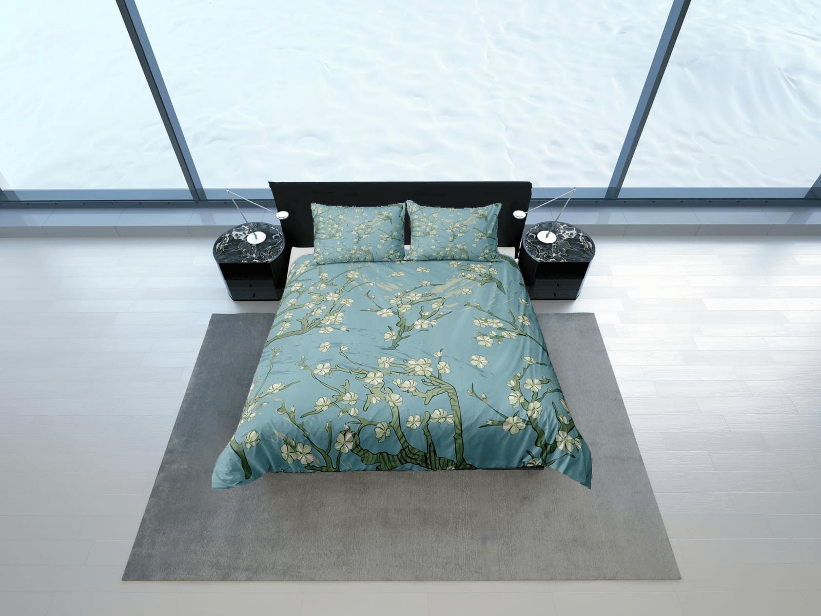 Moss green bedding cherry blossom printed duvet cover queen, king, boho bedding designer bedspread maximalist full size be…
