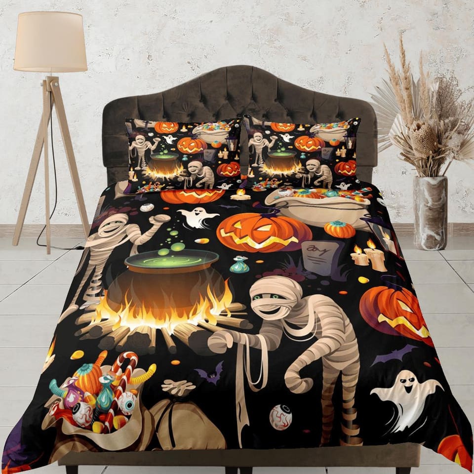 Mummy ghost witch pumpkin halloween bedding & pillowcase, gothic duvet cover, dorm bedding, goth decor toddler bedding, ha…