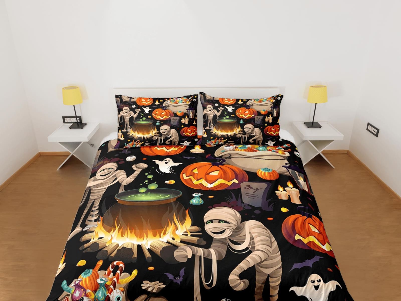 Mummy ghost witch pumpkin halloween bedding & pillowcase, gothic duvet cover, dorm bedding, goth decor toddler bedding, ha…