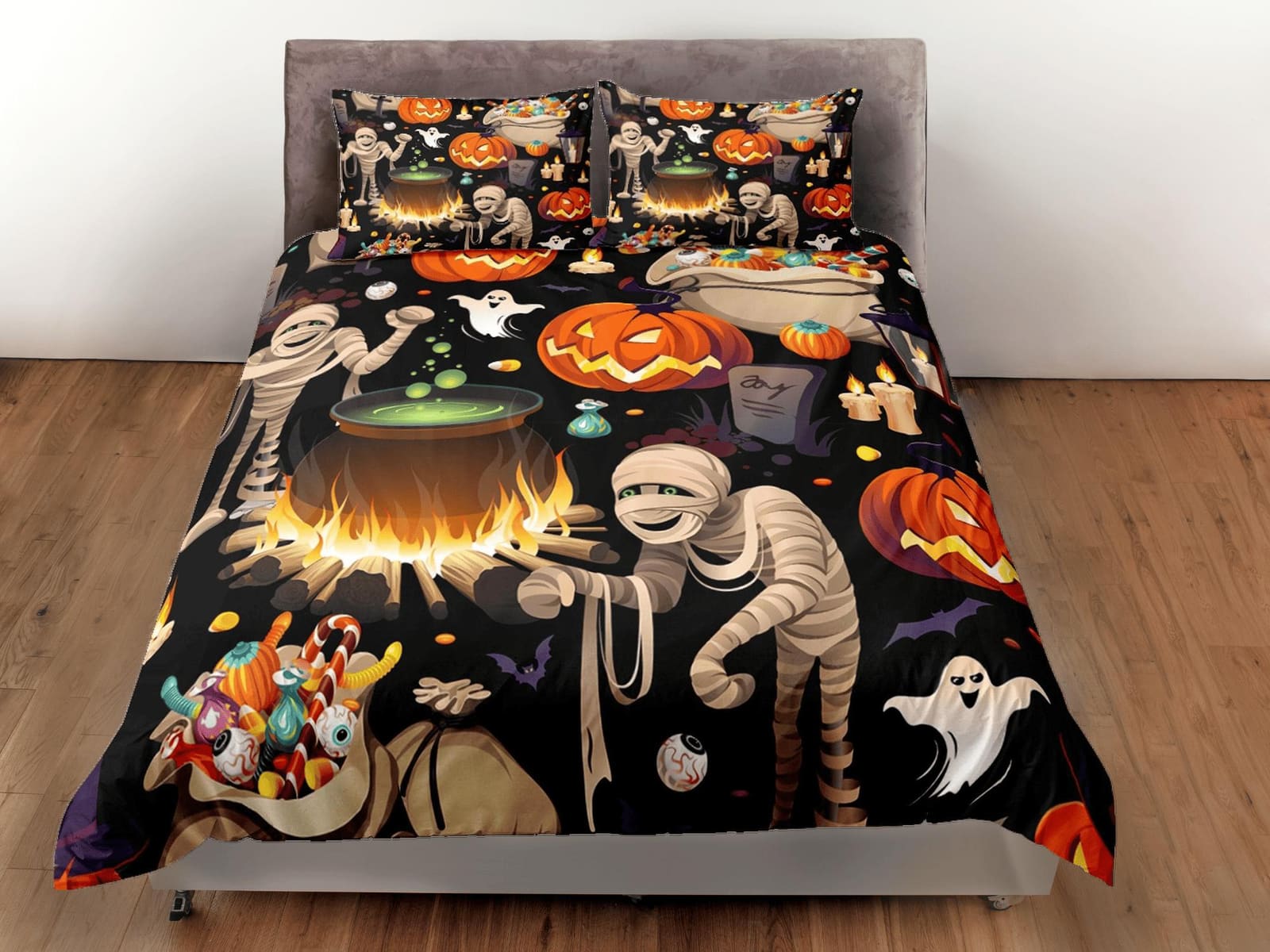 Mummy ghost witch pumpkin halloween bedding & pillowcase, gothic duvet cover, dorm bedding, goth decor toddler bedding, ha…