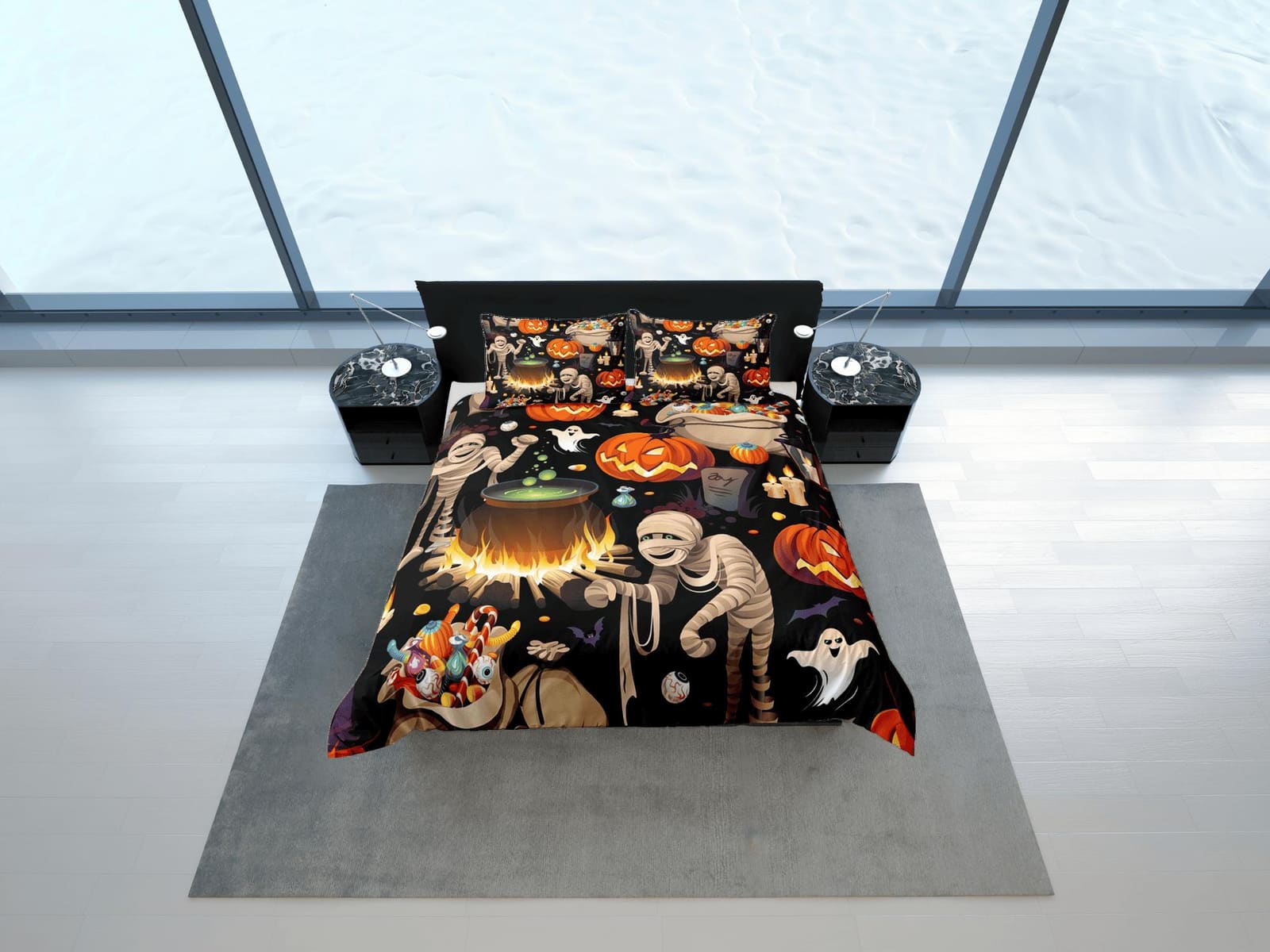 Mummy ghost witch pumpkin halloween bedding & pillowcase, gothic duvet cover, dorm bedding, goth decor toddler bedding, ha…