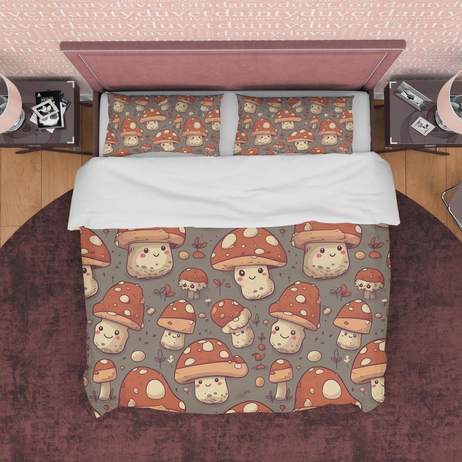 Mushroom Retro Bedding Set, Choco Brown Duvet Cover, Funny Quilt Cover, Cute Fungi Bedspread, 70s Nostalgia Bed Cover, Zip…