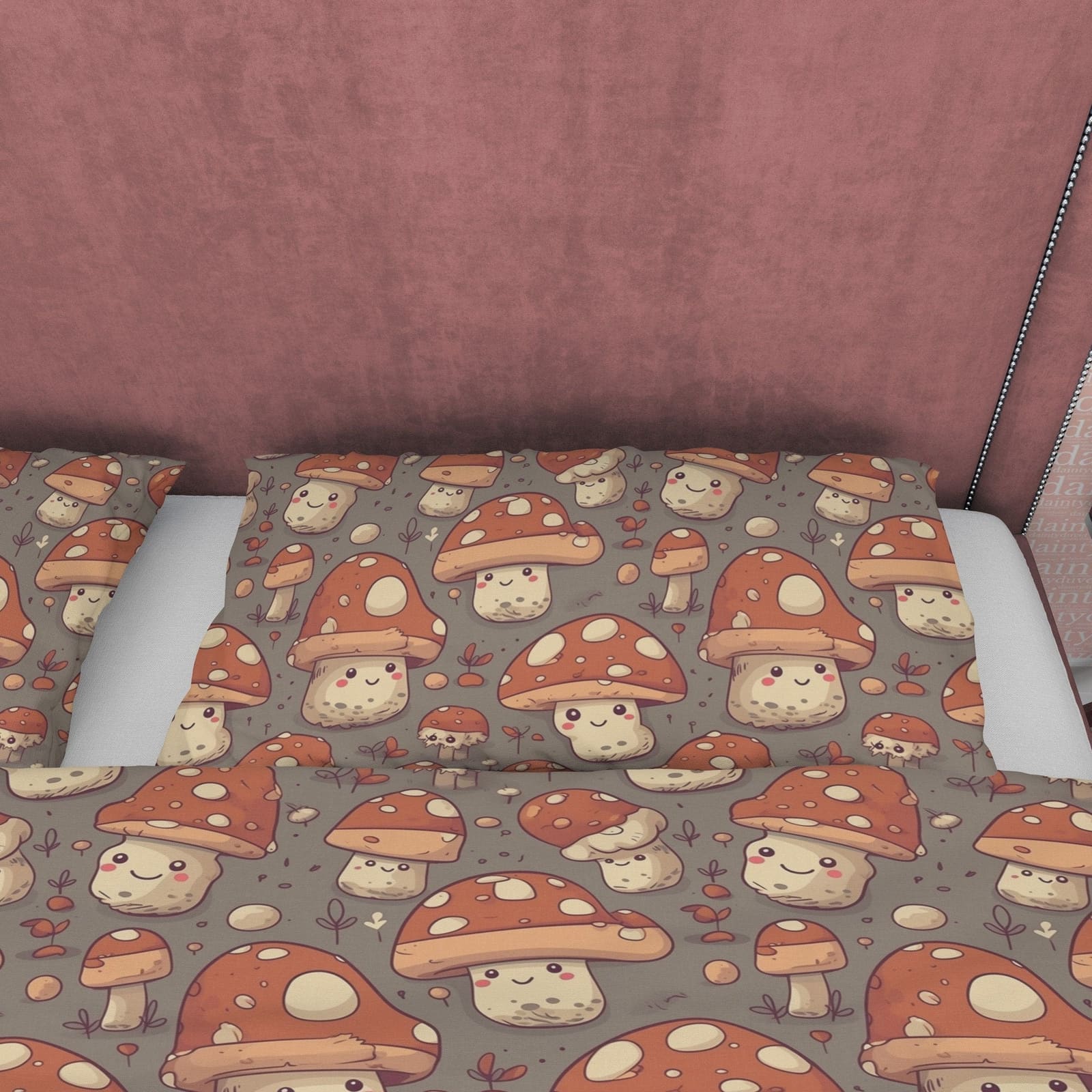 Mushroom Retro Bedding Set, Choco Brown Duvet Cover, Funny Quilt Cover, Cute Fungi Bedspread, 70s Nostalgia Bed Cover, Zip…