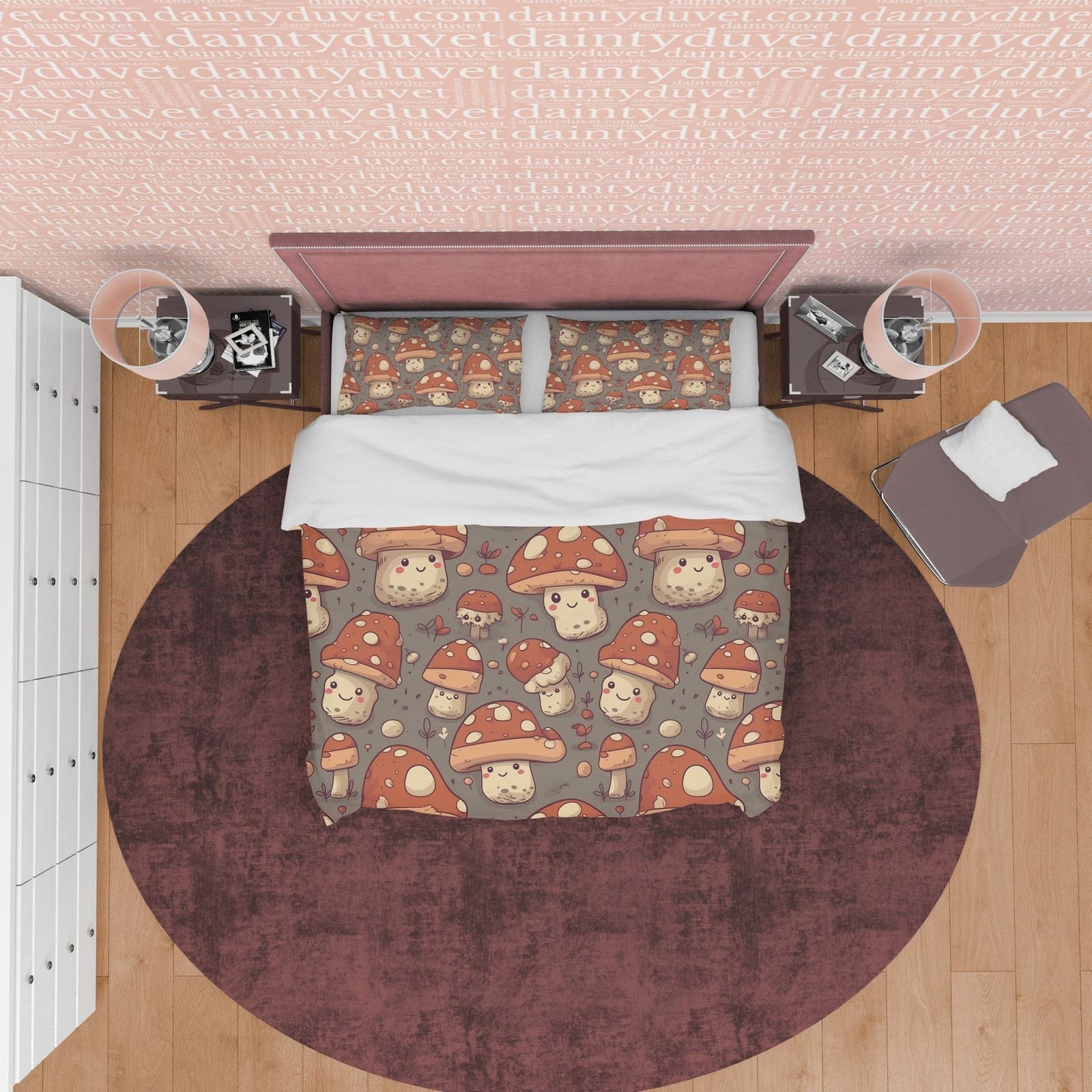 Mushroom Retro Bedding Set, Choco Brown Duvet Cover, Funny Quilt Cover, Cute Fungi Bedspread, 70s Nostalgia Bed Cover, Zip…