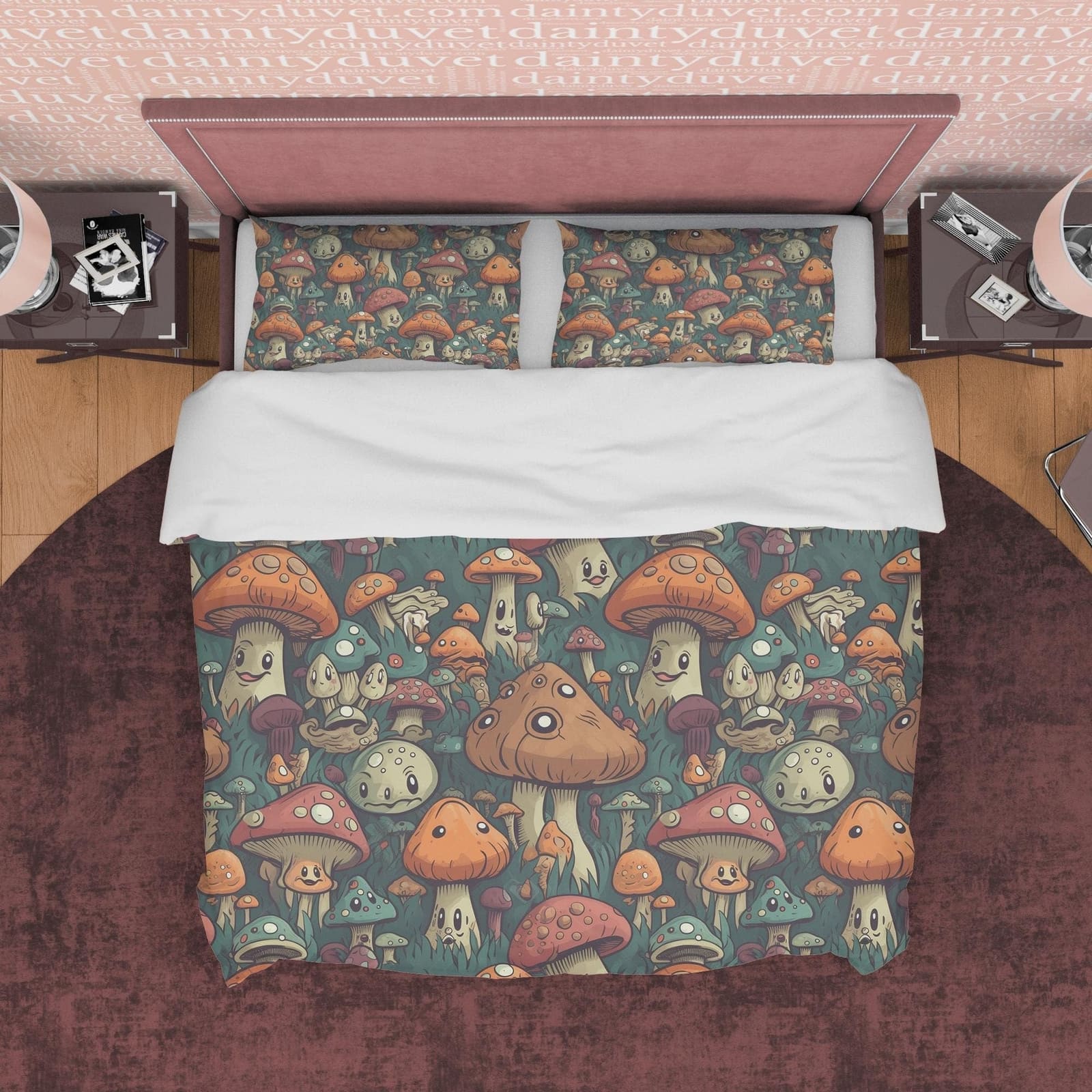 Mushroom Retro Bedding Set, Green Brown Duvet Cover, Funny Plant Quilt Cover, 70s Nostalgia Bedspread, Unique Bed Cover, Z…