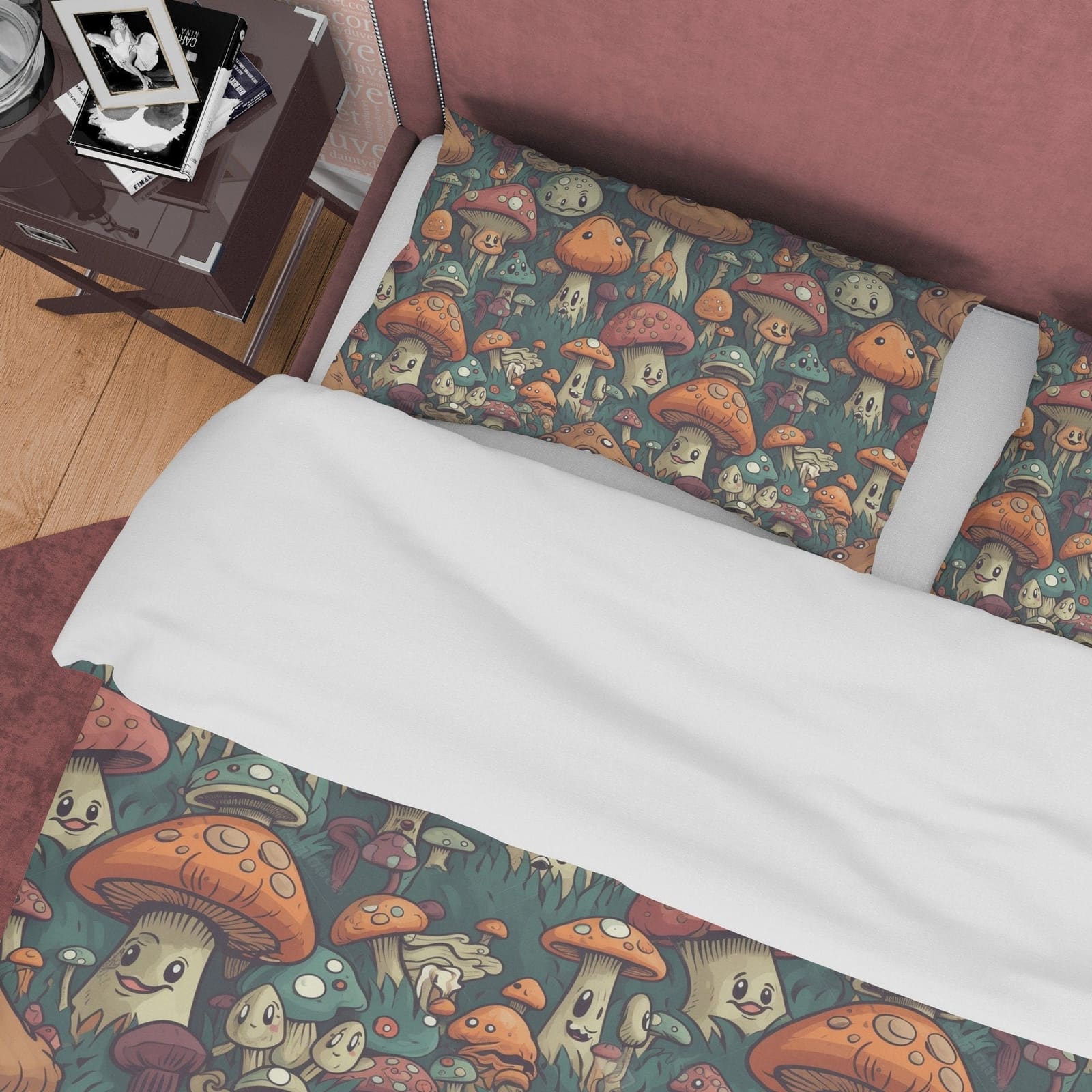 Mushroom Retro Bedding Set, Green Brown Duvet Cover, Funny Plant Quilt Cover, 70s Nostalgia Bedspread, Unique Bed Cover, Z…