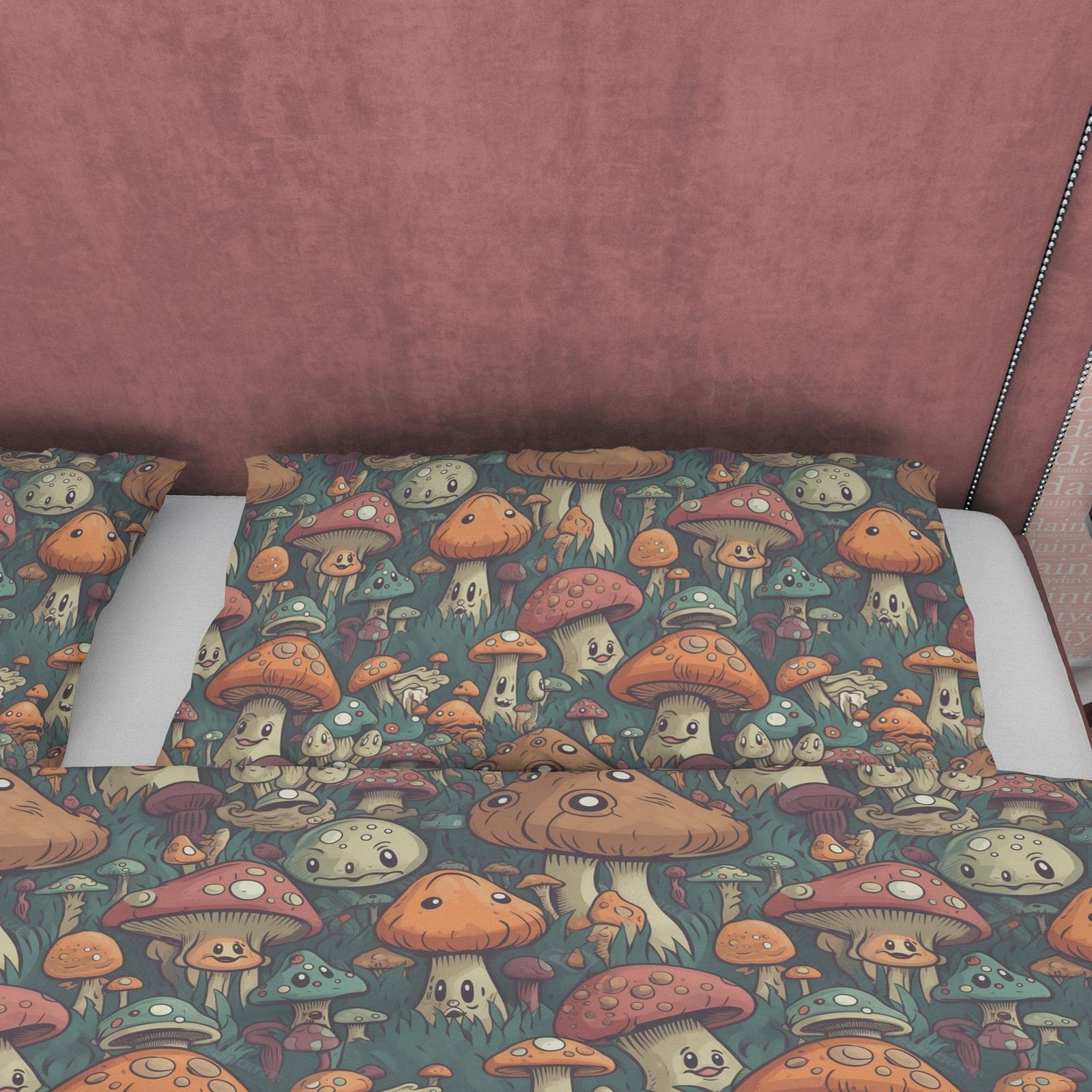 Mushroom Retro Bedding Set, Green Brown Duvet Cover, Funny Plant Quilt Cover, 70s Nostalgia Bedspread, Unique Bed Cover, Z…