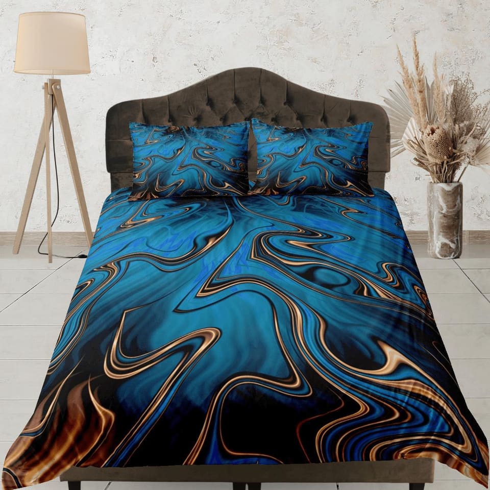Mystic blue contemporary bedroom set aesthetic duvet cover, luxury gold marble abstract art room decor boho chic bedding s…