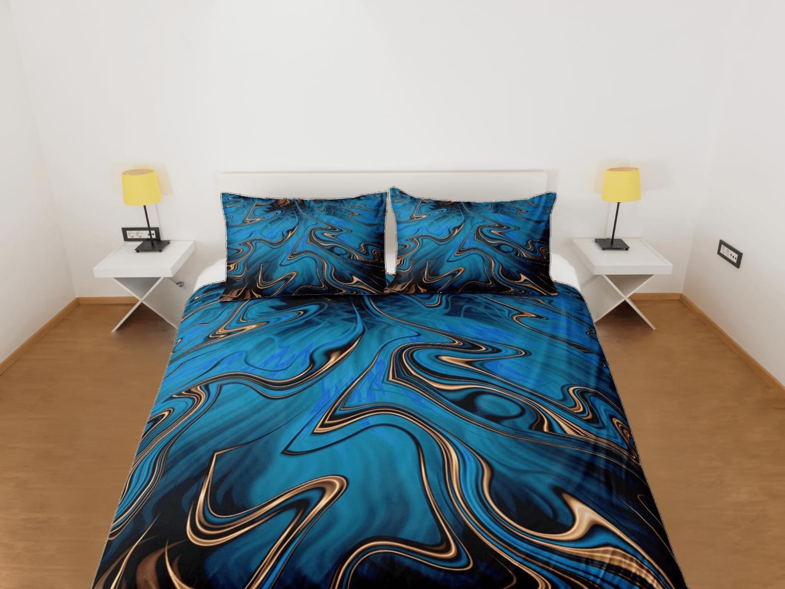 Mystic blue contemporary bedroom set aesthetic duvet cover, luxury gold marble abstract art room decor boho chic bedding s…