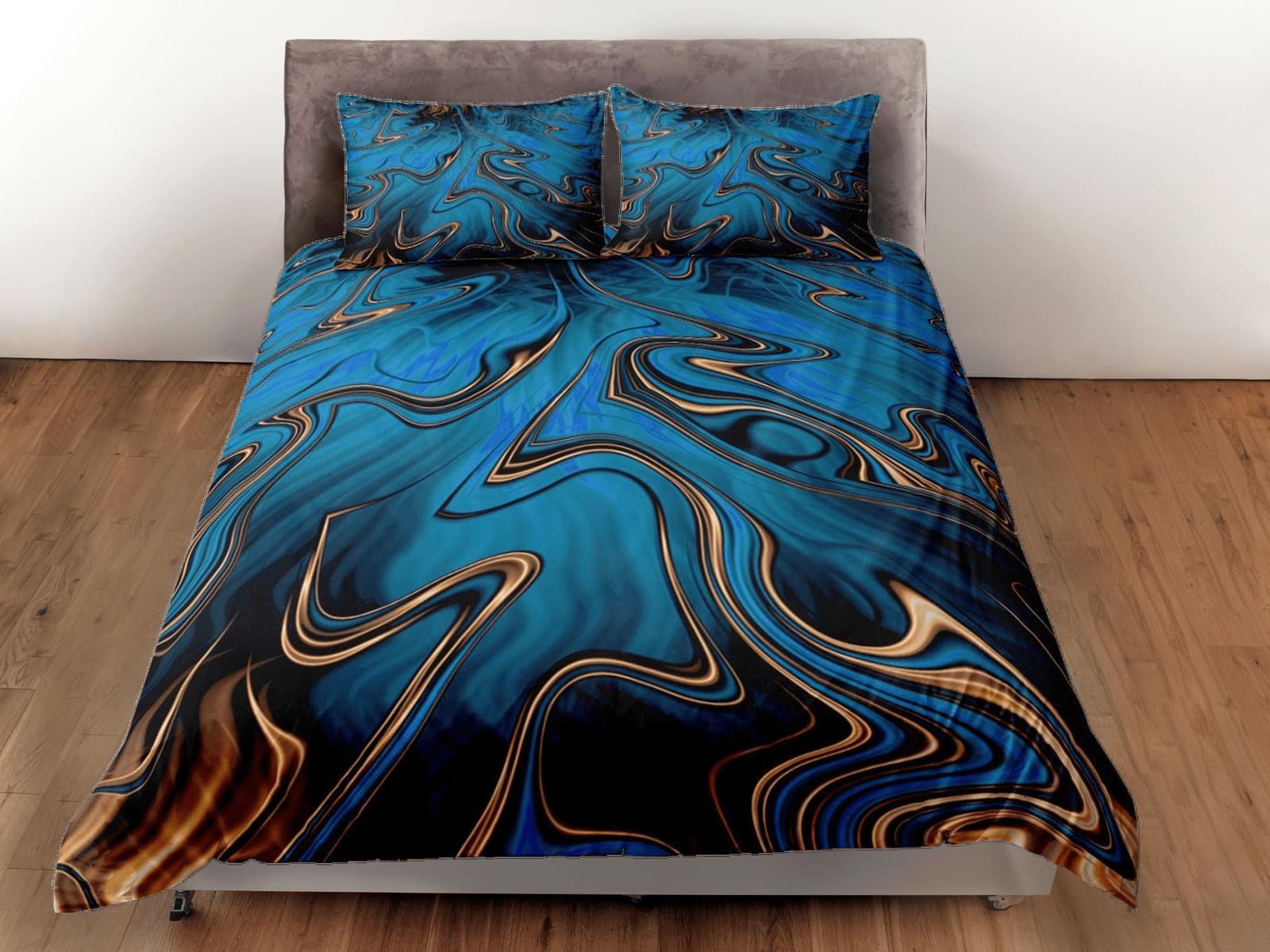 Mystic blue contemporary bedroom set aesthetic duvet cover, luxury gold marble abstract art room decor boho chic bedding s…