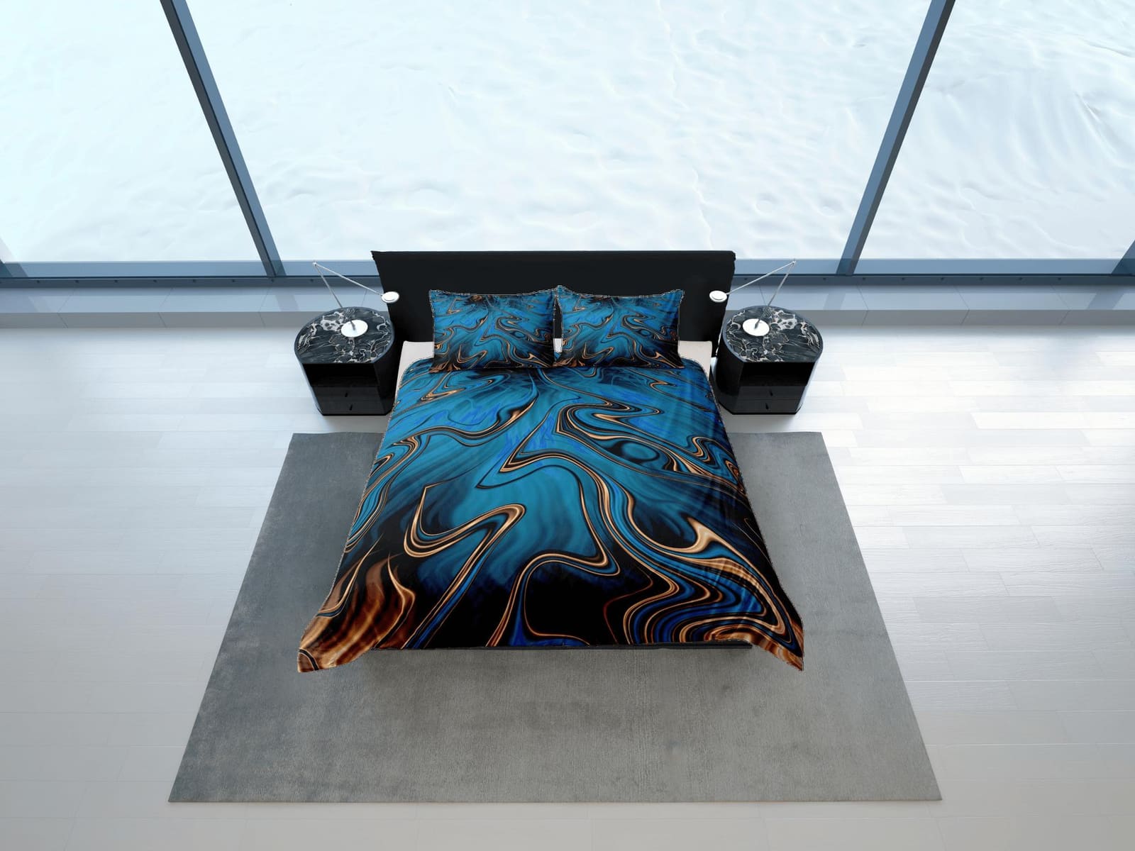 Mystic blue contemporary bedroom set aesthetic duvet cover, luxury gold marble abstract art room decor boho chic bedding s…