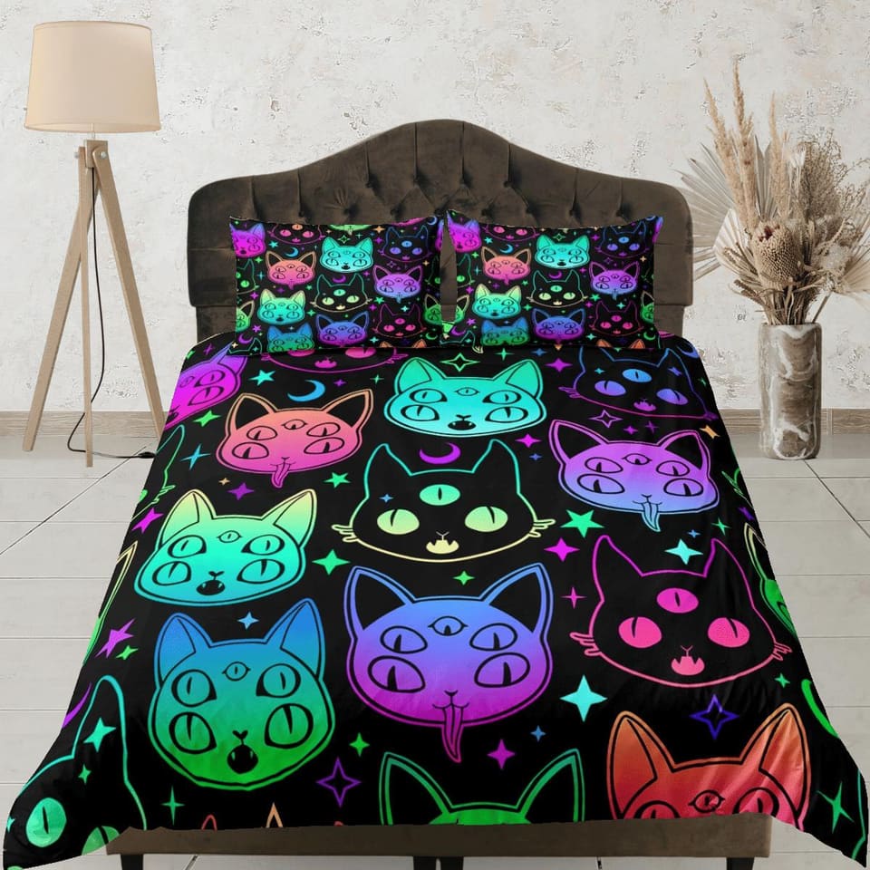 Mystic cat 90s neon halloween bedding hippie retro duvet cover set, colorful dorm bedding, teens bedroom, adult duvet, tod…