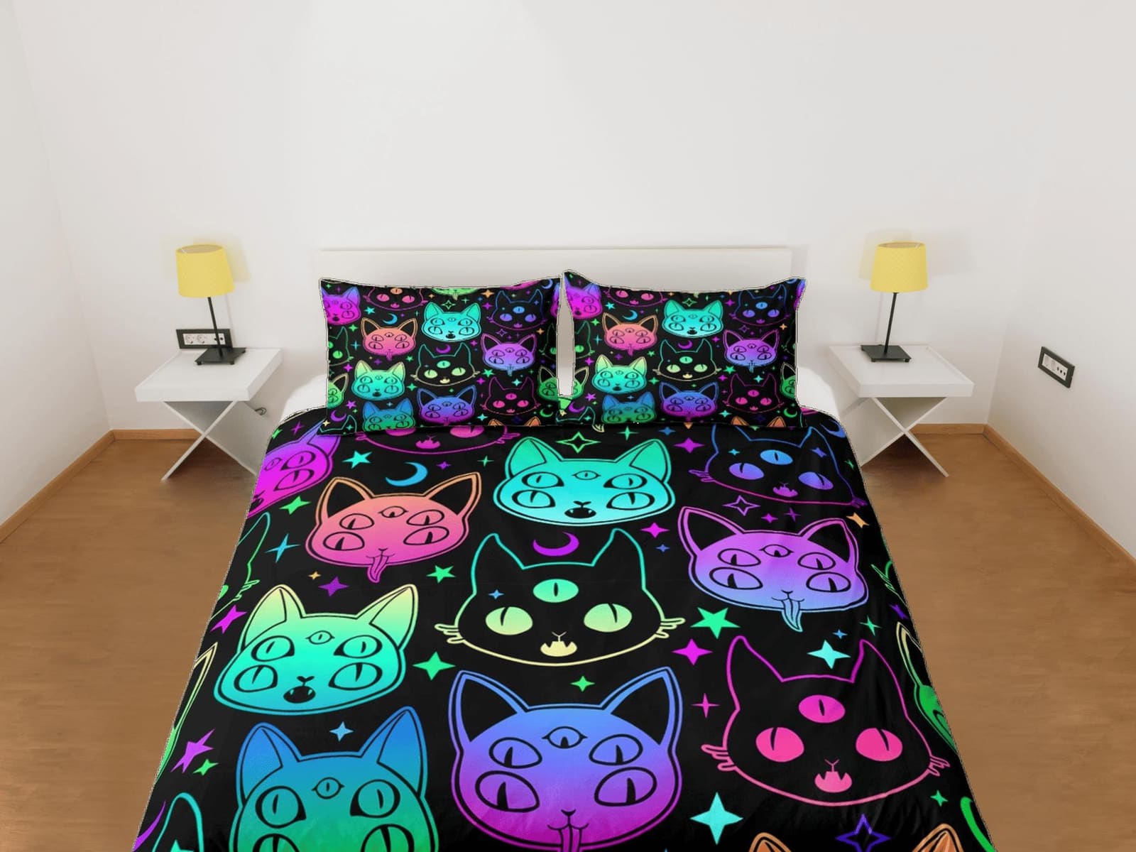 Mystic cat 90s neon halloween bedding hippie retro duvet cover set, colorful dorm bedding, teens bedroom, adult duvet, tod…