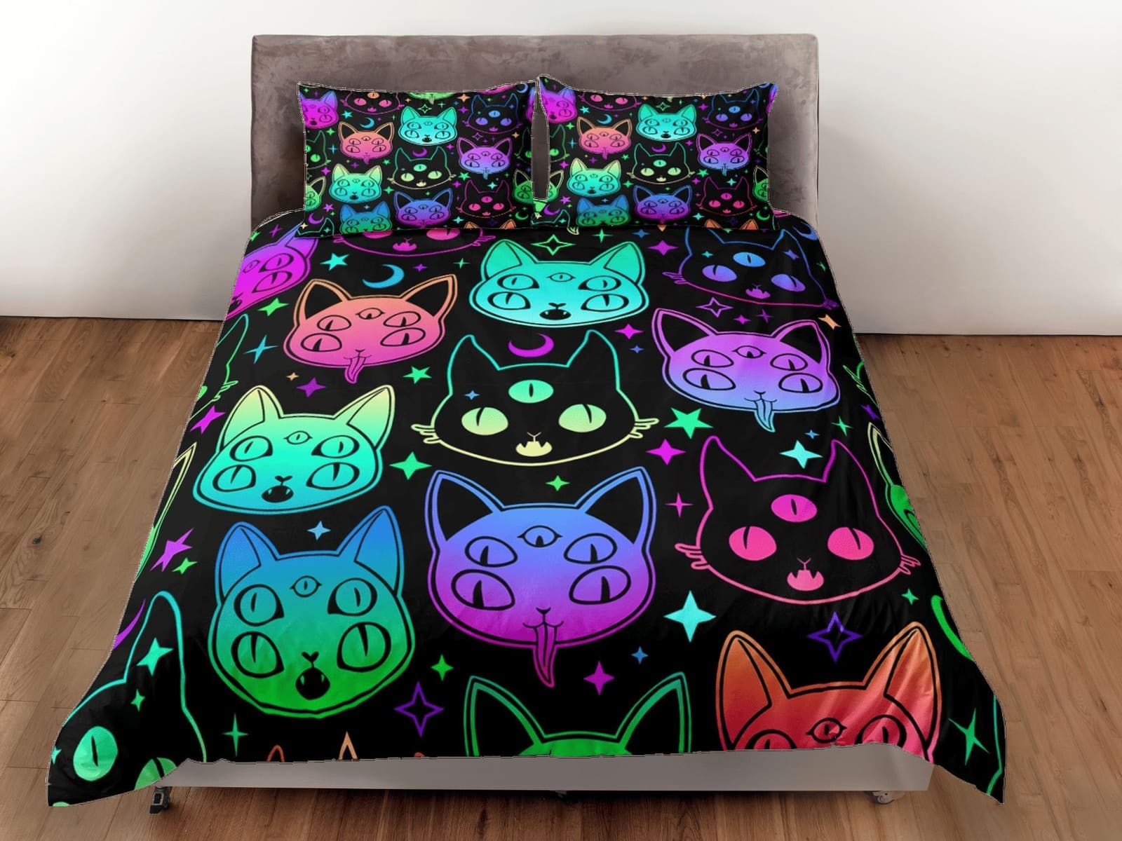 Mystic cat 90s neon halloween bedding hippie retro duvet cover set, colorful dorm bedding, teens bedroom, adult duvet, tod…