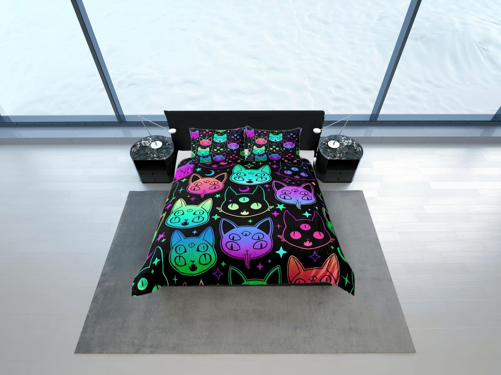Mystic cat 90s neon halloween bedding hippie retro duvet cover set, colorful dorm bedding, teens bedroom, adult duvet, tod…