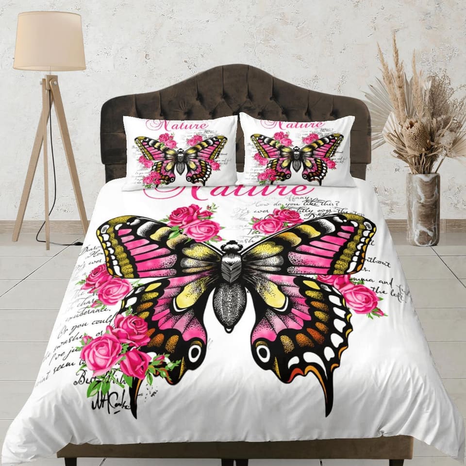 Nature lover pink butterfly bedding duvet cover colorful dorm bedding, full size adult duvet king queen twin, nursery todd…