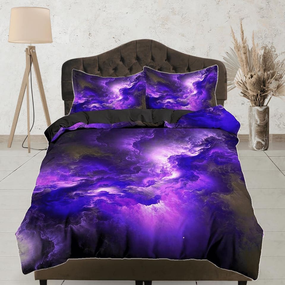 Nebula galaxy purple bedding, 3d outer space bedding set full, cosmic duvet cover king, queen, dorm bedding, toddler beddi…