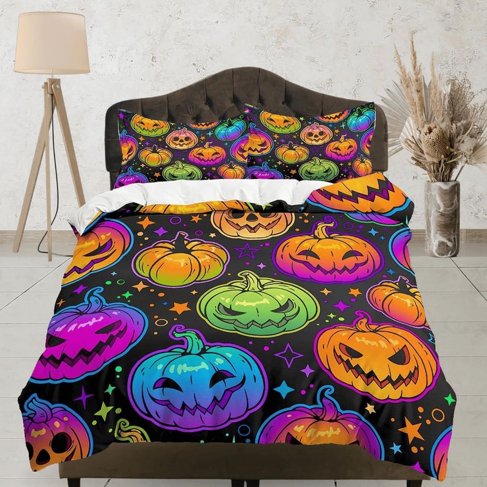 Neon colorful pumpkin halloween bedding & pillowcase, gothic duvet cover, dorm bedding, halloween goth decor toddler beddi…