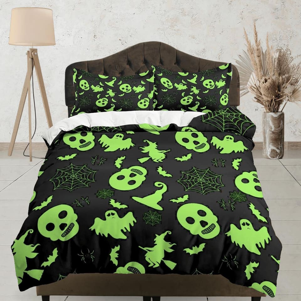 Neon green skulls and ghosts halloween bedding & pillowcase, gothic duvet cover, dorm bedding, goth decor toddler bedding,…